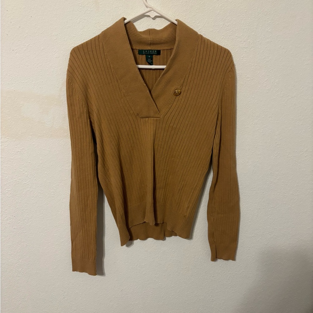 Ralph Lauren Camel V-Neck Ribbed Sweater with Button Accent